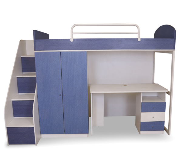 bunk bed with desk and cupboard